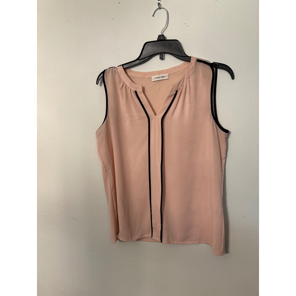Calvin Klein Blouse Women Large Pink Excellent Sleeveless Contrast Trim V-Neck